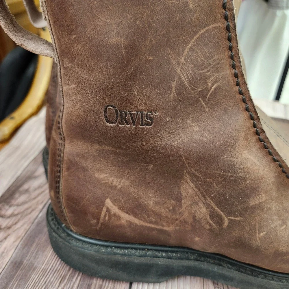 Orvis Mens Brown Leather Shearling Lined Front Zip Moc Toe Boots Size 9